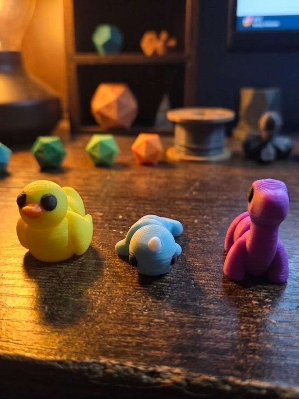 3 Mini 3D-Printed Figurines - Yellow Duck, Blue Narwhal, Purple Dino